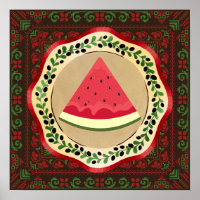 pastèque sur plaque d'olive avec tatreez palestini