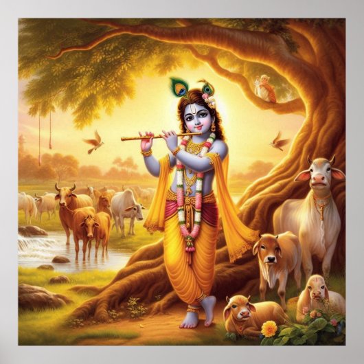 Poster Pastoral Golden Serene Krishna Flûte Art (Devant)