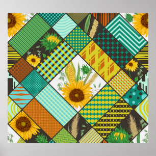 Poster Patchwork de céréales, tournesols, motif géométriq