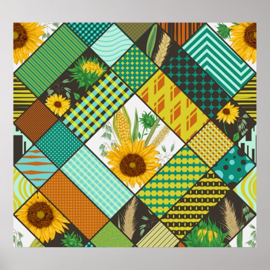 Poster Patchwork de céréales, tournesols, motif géométriq (Devant)