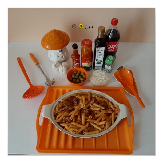 POSTER PÂTES SUR UN PLATEAU D'ORANGE (Devant)