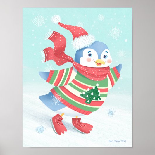 Poster Patinage sur glace bleu Pingouin Art Imprimer (Devant)
