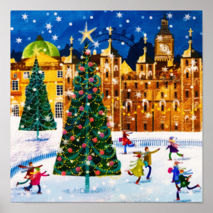 Poster Patinage sur glace hiver de Noël rose or