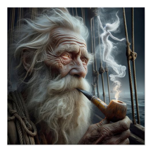 Poster Patiné Vieux marin Fumer un tuyau (Devant)