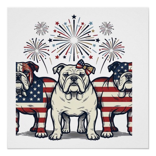 Poster Patriotic Bulldog Fireworks Vintage Engraving Desi (Devant)