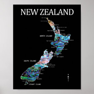 POSTER PAUA DÉTAILLÉE CARTE DE LA NOUVELLE-ZÉLANDE