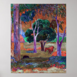 Poster Paul Gauguin - Paysage avec un cochon et un cheval