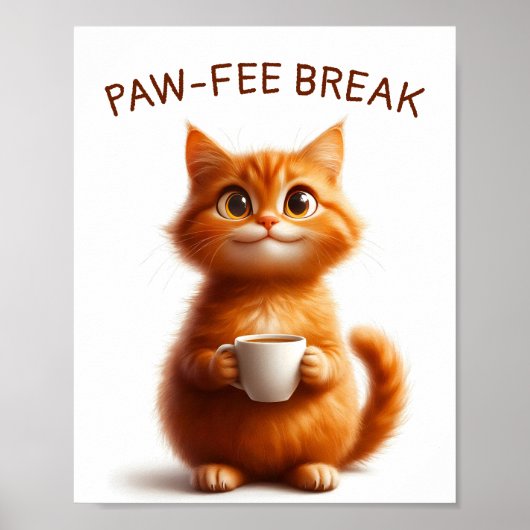 Poster Pause Pawfee Drôle Chat Ginger avec Café (Devant)