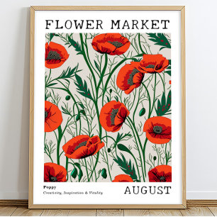 Poster Pavot floral rouge Août Marché aux fleurs de naiss