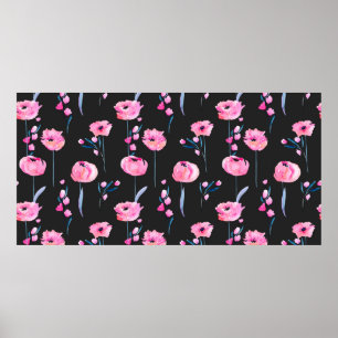 Poster Pavot rose aquarelle et branches florales