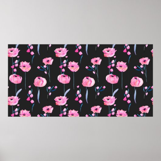 Poster Pavot rose aquarelle et branches florales (Devant)