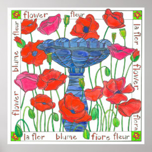Poster Pavot rose Fleurs Jardin Bain d'oiseaux