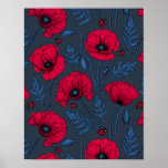 Poster Pavot rouge et coccinelle bleu foncé<br><div class="desc">Motif vectoriel dessiné à la main avec des fleurs de pavot et des coccinelles</div>
