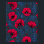 Poster Pavot rouge et coccinelle bleu foncé<br><div class="desc">Motif vectoriel dessiné à la main avec des fleurs de pavot et des coccinelles</div>