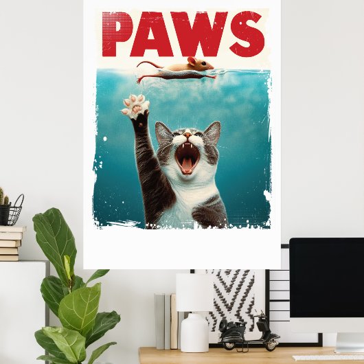 Poster PAWS Chat Souris Parodie De L'Affiche De Film Jaws (Bureau à domicile)