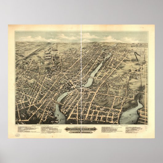 Poster Pawtucket Rhode Island 1891 Antique carte panorami (Devant)