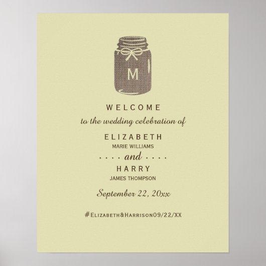 Poster Pays Burlap Mason Jar Mariage Bienvenue (Devant)