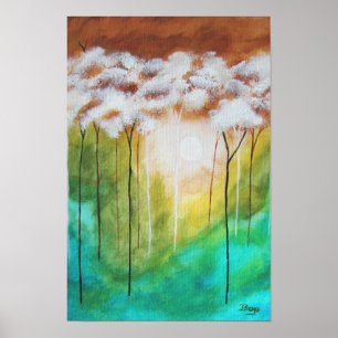 Poster Paysage Abstrait, Arbres maigres, Turquoise, Or