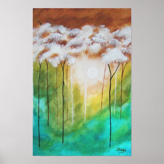 Poster Paysage Abstrait, Arbres maigres, Turquoise, Or (Devant)