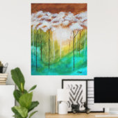 Poster Paysage Abstrait, Arbres maigres, Turquoise, Or (Bureau à domicile)