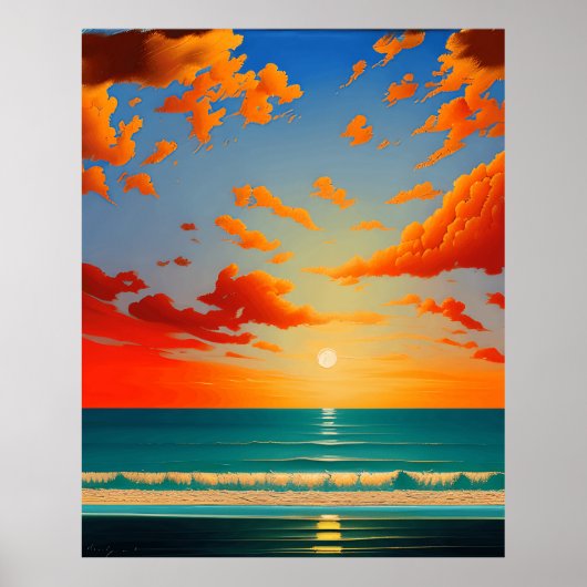 Poster Paysage Abstrait avec coucher de soleil bleu orang (Devant)