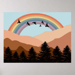 Poster Paysage Abstrait Forêt Arbres Arc-en-ciel & Oiseau
