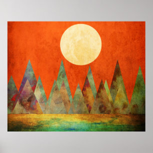 Poster Paysage Abstrait Pleine Lune Montagnes Ciel Orange