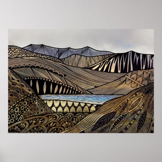 Poster Paysage Abstrait soleil montagnes et rivière (Devant)