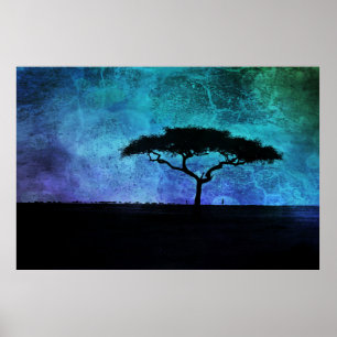 Poster Paysage africain de l'acacia en bleu et violet