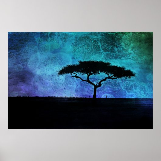Poster Paysage africain de l'acacia en bleu et violet (Devant)