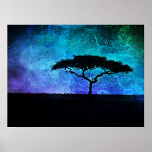 Poster Paysage africain de l'acacia en bleu et violet