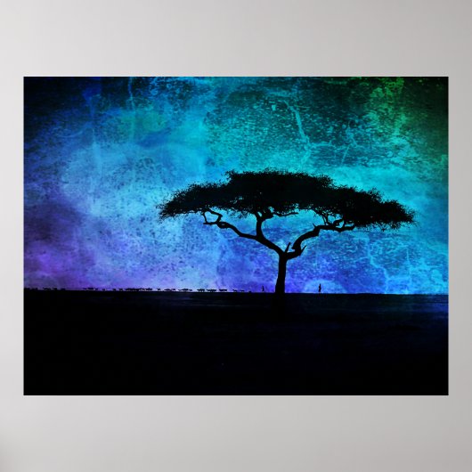 Poster Paysage africain de l'acacia en bleu et violet (Devant)