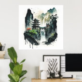 Poster Paysage antique de l'encre chinoise avec cascade (Bureau à domicile)