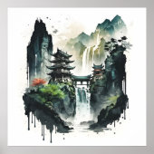 Poster Paysage antique de l'encre chinoise avec cascade (Devant)