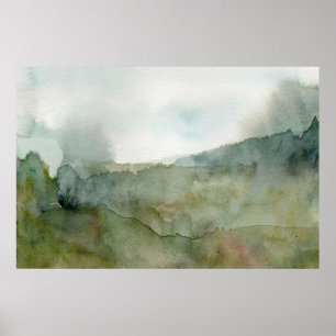 Poster Paysage aquarelle de prairie brumeuse