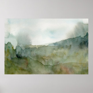 Poster Paysage aquarelle de prairie brumeuse