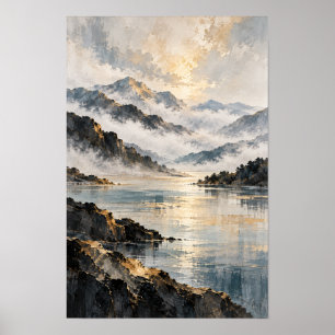 Poster Paysage aquarelle du lac de la montagne brumeuse s