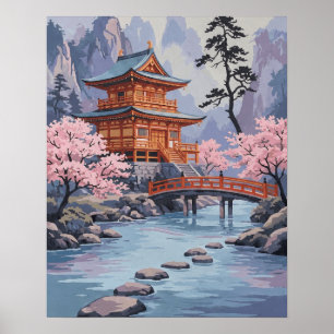 Poster Paysage artistique de pagode japonaise aux fleurs