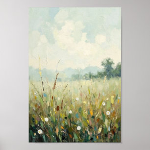 Poster Paysage Artistique de Prairie Brumeuse Vintage