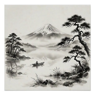 Poster Paysage au lavis du mont Fuji Japon