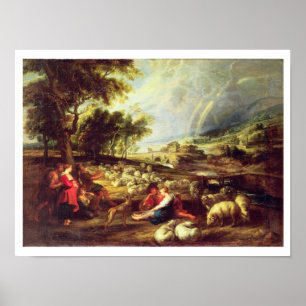 Poster Paysage avec arc-en-ciel (huile sur toile)