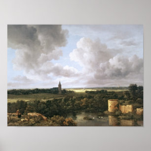 Poster Paysage avec Château en ruine et église