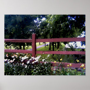 Poster Paysage avec clôture et fleurs