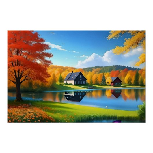 Poster Paysage avec lac, chalet et arbres-324563 (Devant)