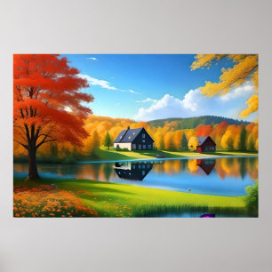 Poster Paysage avec lac, chalet et arbres-324563