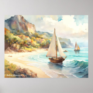 Poster Paysage avec mer et voiliers