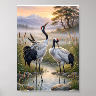 Poster Paysage brumeux Grues élégantes Nature Faune Fle