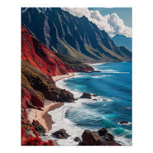 Poster Paysage côtier avec des falaises rouges vibrantes