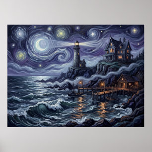 Poster Paysage côtier nocturne étoilé de la baie des veuv
