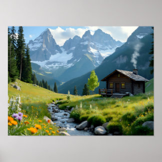 Poster Paysage de cabane rustique en montagne, sauvage et